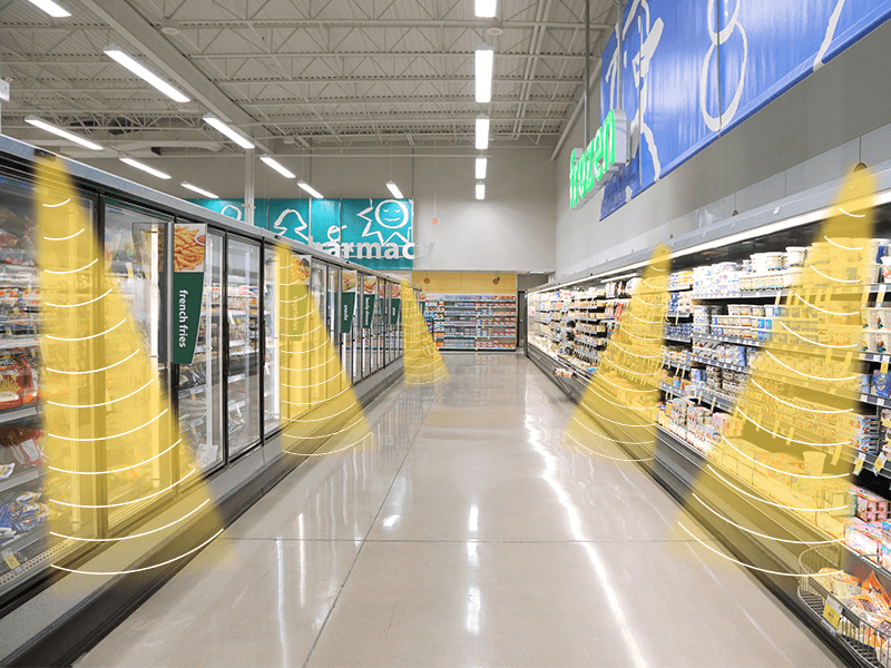 零售店安裝定向揚(yáng)聲器，聲音分區(qū)，互不干擾示意圖